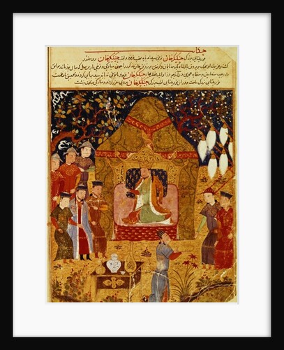 Temujin has himself proclaimed Genghis Khan, his sons Ogodei and Jochi to the right by Persian School
