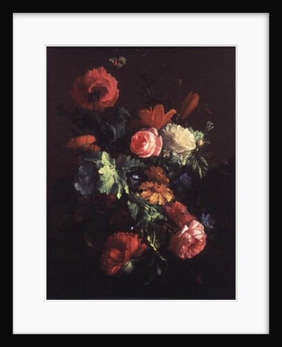 Poppies, Roses, Lilies, Daisies, a Convolvulus and Other Flowers in a Glass Bowl on a Ledge, with a Cabbage White Butterfly Above by Elias van den Broeck