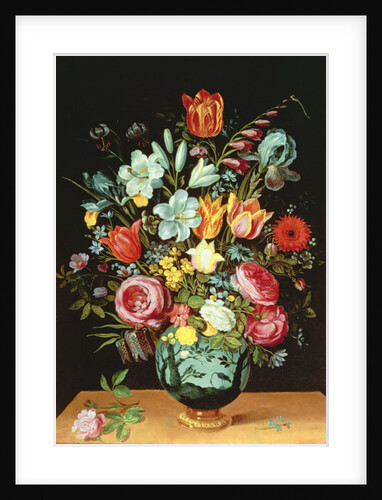 A Still Life of Flowers in a Porcelain Vase Resting on a Ledge by Phillipe de Marlier