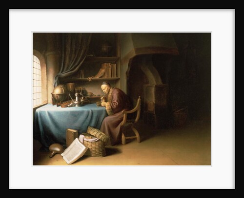 An Old Man Lighting his Pipe in a Study by Gerrit or Gerard Dou