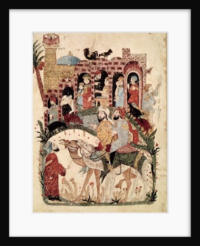 Ms Ar 5847 f.138, Abu Zayd and Al-Harith questioning villagers by Yahya ibn Mahmud Al-Wasiti