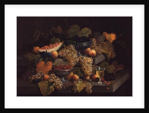 Still Life of Melon, Plums, Grapes, Peaches, Cherries, Strawberries etc on Stone Ledges by Severin Roesen