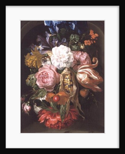 A Still Life Of A Corncob, Roses, A Parrot Tulip, Irises, And Other Flowers Suspended From A Blue Ribbon, In A Stone Niche by Ernst Stuven