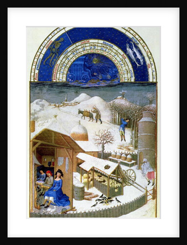 Facsimile of February: farmyard scene with peasants by Limbourg Brothers (after)