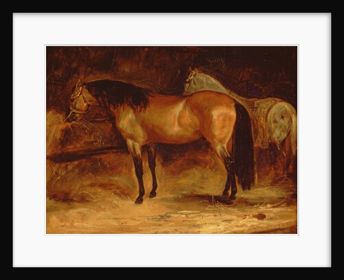 A Bay Horse at a manger, with a grey horse in a rug by Theodore Gericault