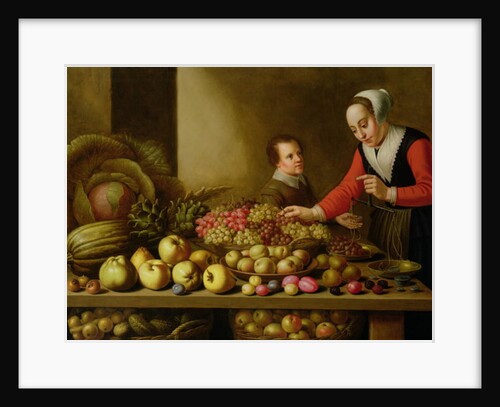 Girl selling grapes from a large table laden with fruit and vegetables by Floris van Schooten