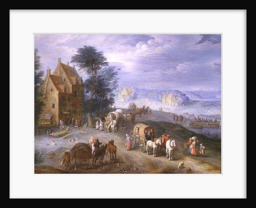 Landscape with peasants, carts and a ferry by Joseph van Bredael