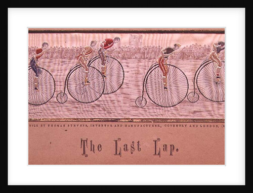 The Last Lap, Penny Farthing Race woven silk Stevengraph, by Thomas Stevens of Coventry, 1872 by Anonymous