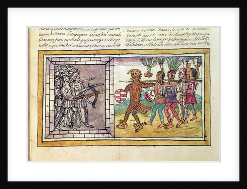 Codex Duran: Pedro de Alvarado companion-at-arms of Hernando Cortes besieged by Aztec warriors by Diego Duran
