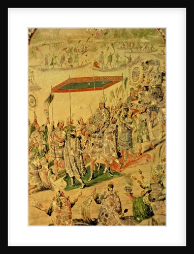 One of a pair of panels depicting the encounter between Hernando Cortes and Montezuma: Montezuma and his followers, 1698 by Miguel and Juan Gonzalez