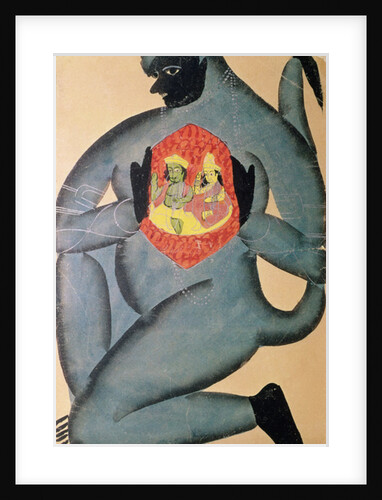 Hanuman revealing Rama and Sita enshrined in his heart, painted by a member of the Patua caste, 1880 by Indian School