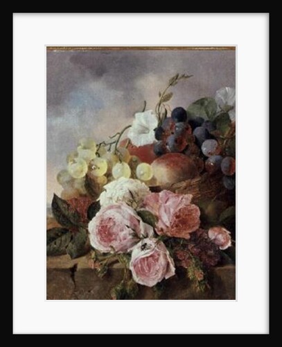 Still life of fruit and roses on a ledge by Edward Ladell