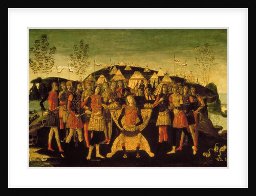 Scipio Africanus, Roman general, with the captive Numidian prince Sphax, whose wife Sophonisba, a Carthaginian noblewoman, stands to the left, c.1490 by Bernardino Fungai