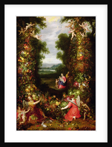 Holy Family in a landscape with a garland of fruit and vegetables by J. & Avont P. van Brueghel