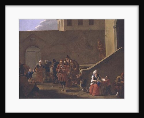 Street scene with monks distributing food to the poor by Andries Both