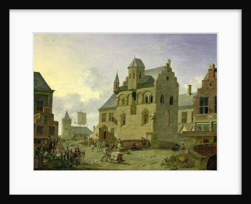 Town square with figures and peasants trading in a market place by Johannes Huibert Prins