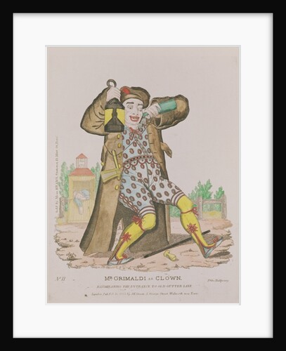 Mr Grimaldi as Clown, illuminating the entrance to Old Gutter Lane, pub. 1833 by English School