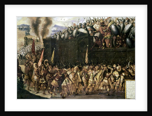 Montezuma, captured by the Spaniards, pleads with the Aztecs to surrender as the Spanish attack his palace in 1520, 16th century by Spanish School