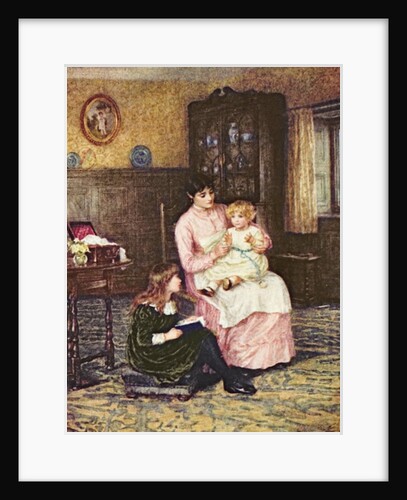 Mother playing with children in an interior by Helen Allingham