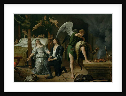 Tobias and Sarah with the Archangel Raphael exorcising the demon Asmodeus, restored version reassembled from two separated fragments by Jan Havicksz. Steen