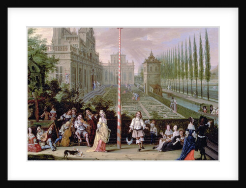 Detail of elegant figures playing musical instruments around a maypole by Pieter Gysels