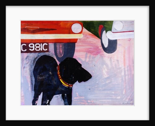 Dog at the Used Car Lot, Rex with orange car by Brenda Brin Booker