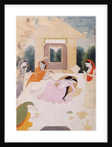 A lady on a terrace, distraught with unsatisfied longing for her lover, her attendants can do nothing to console her by Indian School