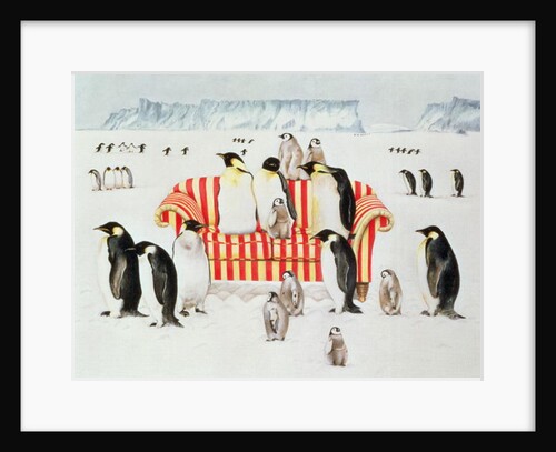 Penguins on a red and white sofa, 1994 by E.B. Watts
