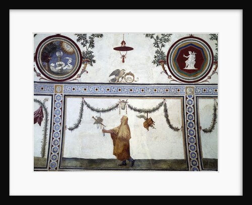 The 'Camera con Fregio di Amorini' detail of the ceiling depicting a robed man and insignia of the Medici family, 1520's by Giulio Romano