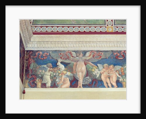 Frieze from the 'Camera con Fregio di Amorini' detail of two cupids, one black, playing with rabbits, 1520s by Giulio Romano