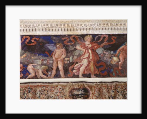 Frieze from the 'Camera con Fregio di Amorini' detail of a cupid urinating in a jug, 1520s by Giulio Romano