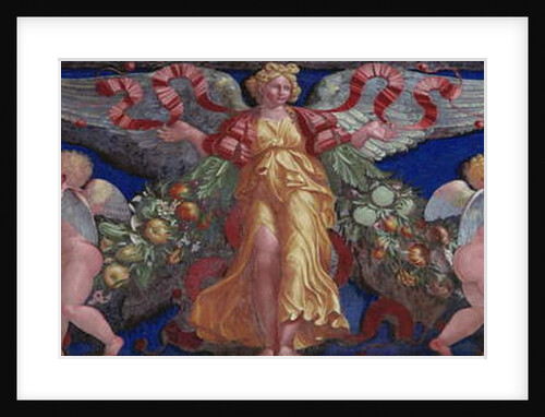 Frieze from the 'Camera con Fregio di Amorini' detail of an angel in a golden dress with spread wings, 1520s by Giulio Romano