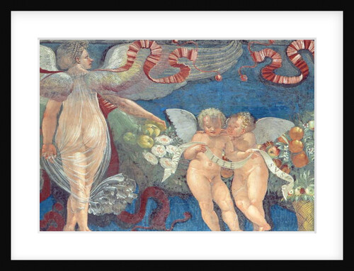 Frieze from the 'Camera con Fregio di Amorini' detail of two putti and an angel, 1520's by Giulio Romano