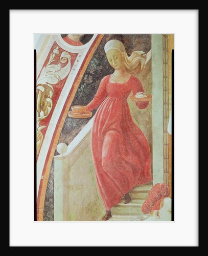 The Birth of the Virgin, detail of a maid servant descending a staircase by Paolo Uccello