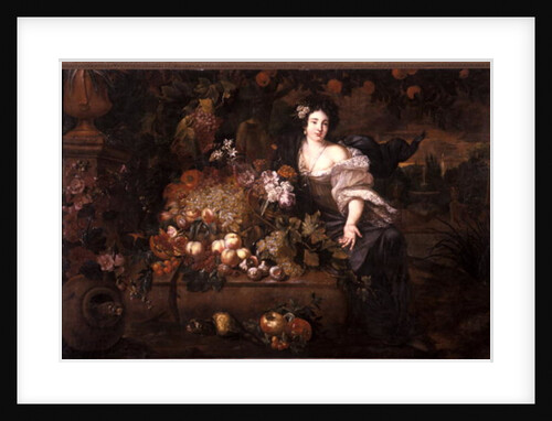 Still life in a landscape with a female figure by German School