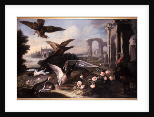 Imaginery landscape with ruins, hawks, turkeys and ducks by German School