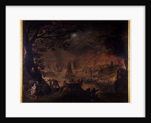 Burning town by the sea by Joos or Josse de The Younger Momper