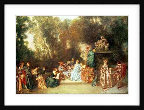 Fete galante with guitar player and a sculpture of putti playing with a ram, c.1717-19 by Jean Antoine Watteau