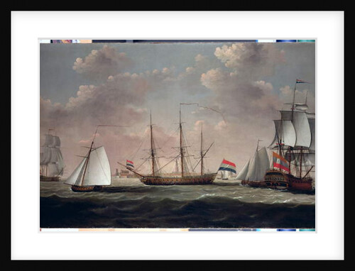 The East Indiaman 't Slot ter Hooge' and other shipping in a brisk breeze off a Dutch port, possibly Flushing by Engel Hoogerheyden