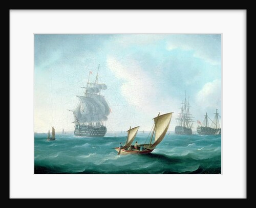 British Men-o'-war and a Hulk in a Swell, a Sailing Boat in the Foreground by Thomas Buttersworth