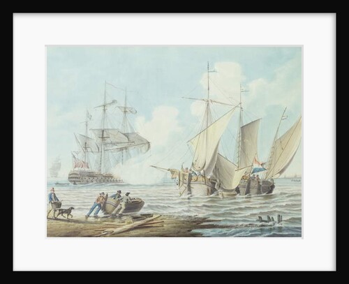 Dutch Pinks and a British Man-o'-War off a Coastline by George Webster