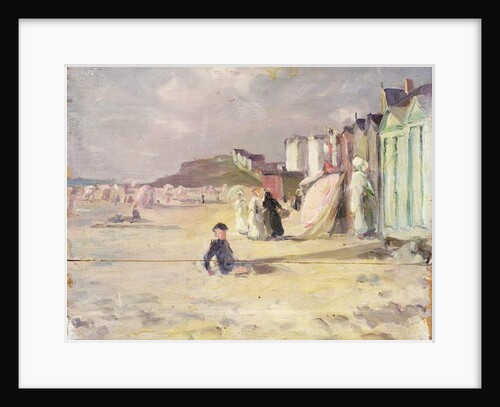Figures walking beside a line of beach huts by Philip Wilson Steer