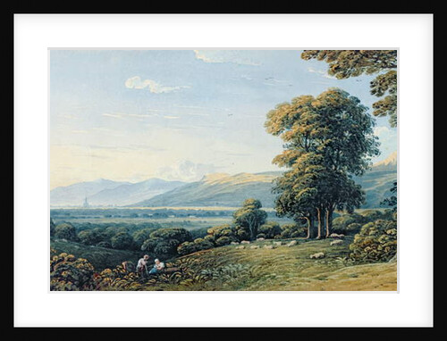 Figures resting on a hillside with a church spire beyond, 1825 by John Varley