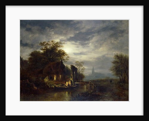 Moonlit river scene with figures unloading a boat by Georg Gillis van Haanen