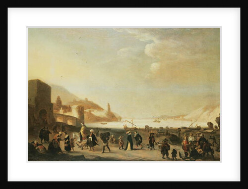 A port with street vendors and peasants in the foreground by Dutch School