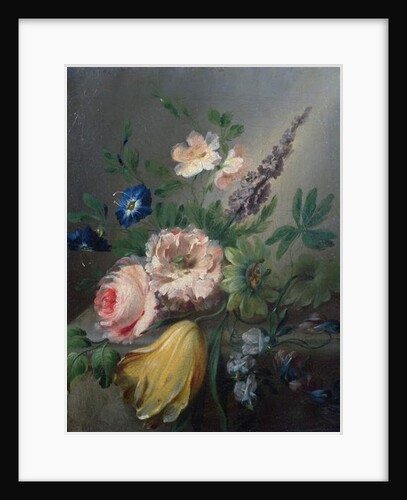 Still life of roses, passion flowers, a tulip and other flowers on a stone ledge by Jean-Louis Prevost