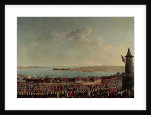 View of Constantinople with a procession of janissaries passing the Galata Tower by Jean Baptiste Vanmour