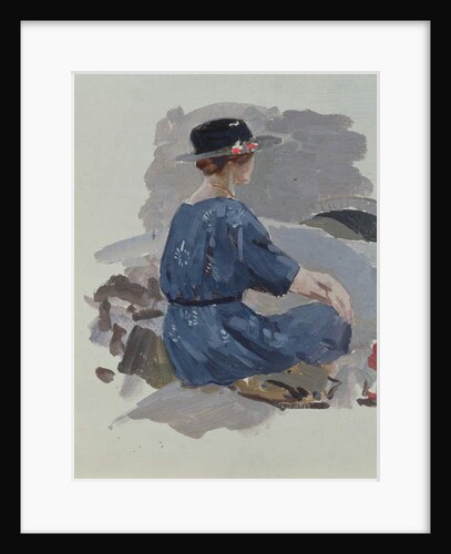 Woman in a blue dress and wide brimmed hat sitting upon rocks by Harry Watson