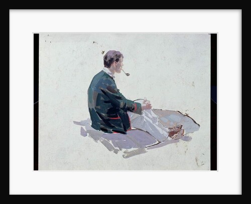 Man sitting upon rocks smoking a pipe by Harry Watson