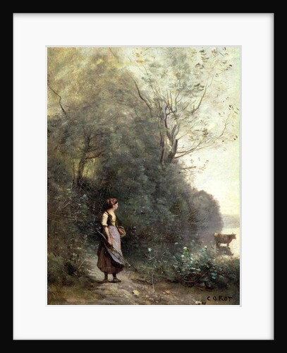 A Peasant Woman Grazing a Cow at the Edge of a Forest, c.1865-70 by Jean Baptiste Camille Corot